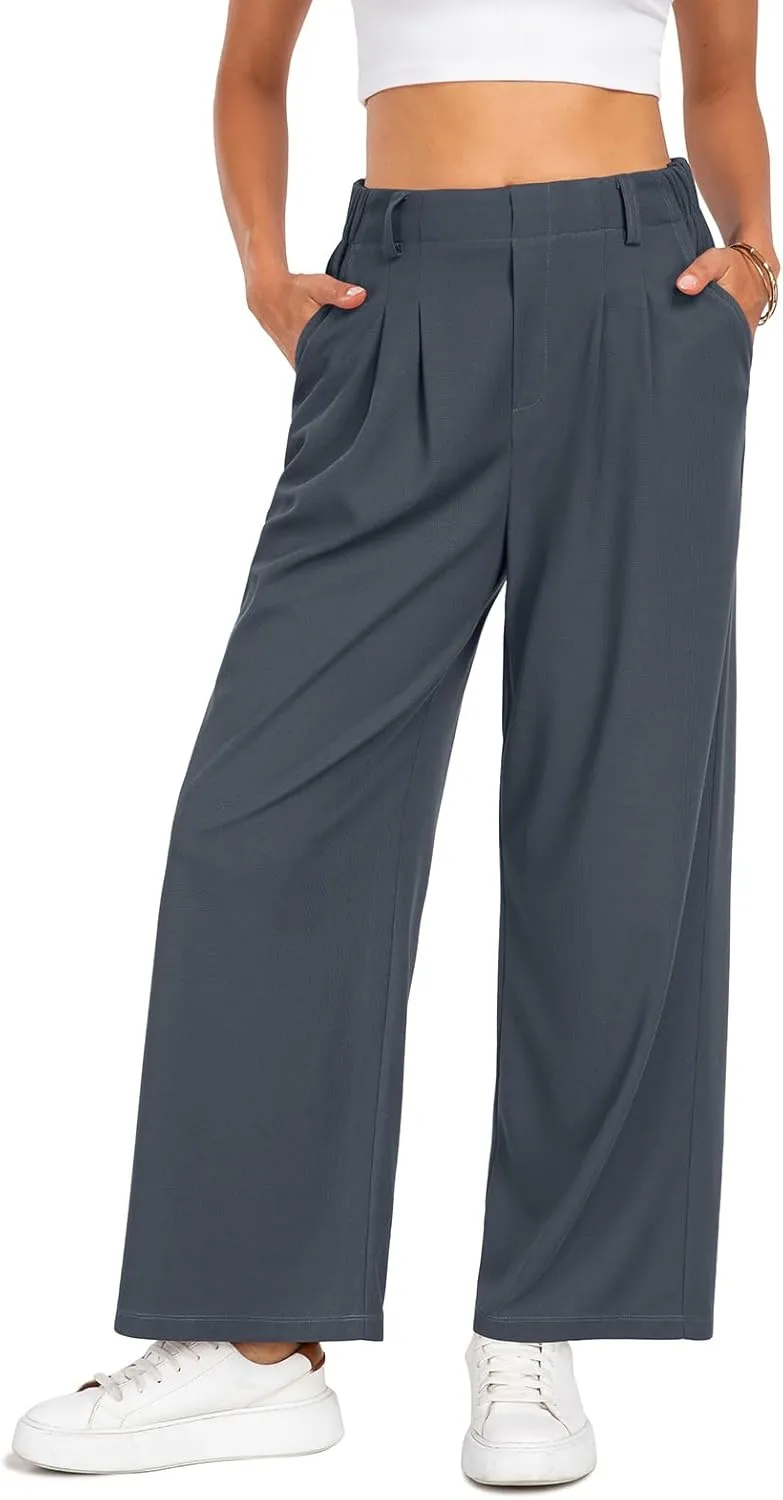 SeSe Code Women's Wide Leg Pants Elastic High Waisted Waffle Knit Casual Slacks Work Business Palazzo Trousers with Pockets