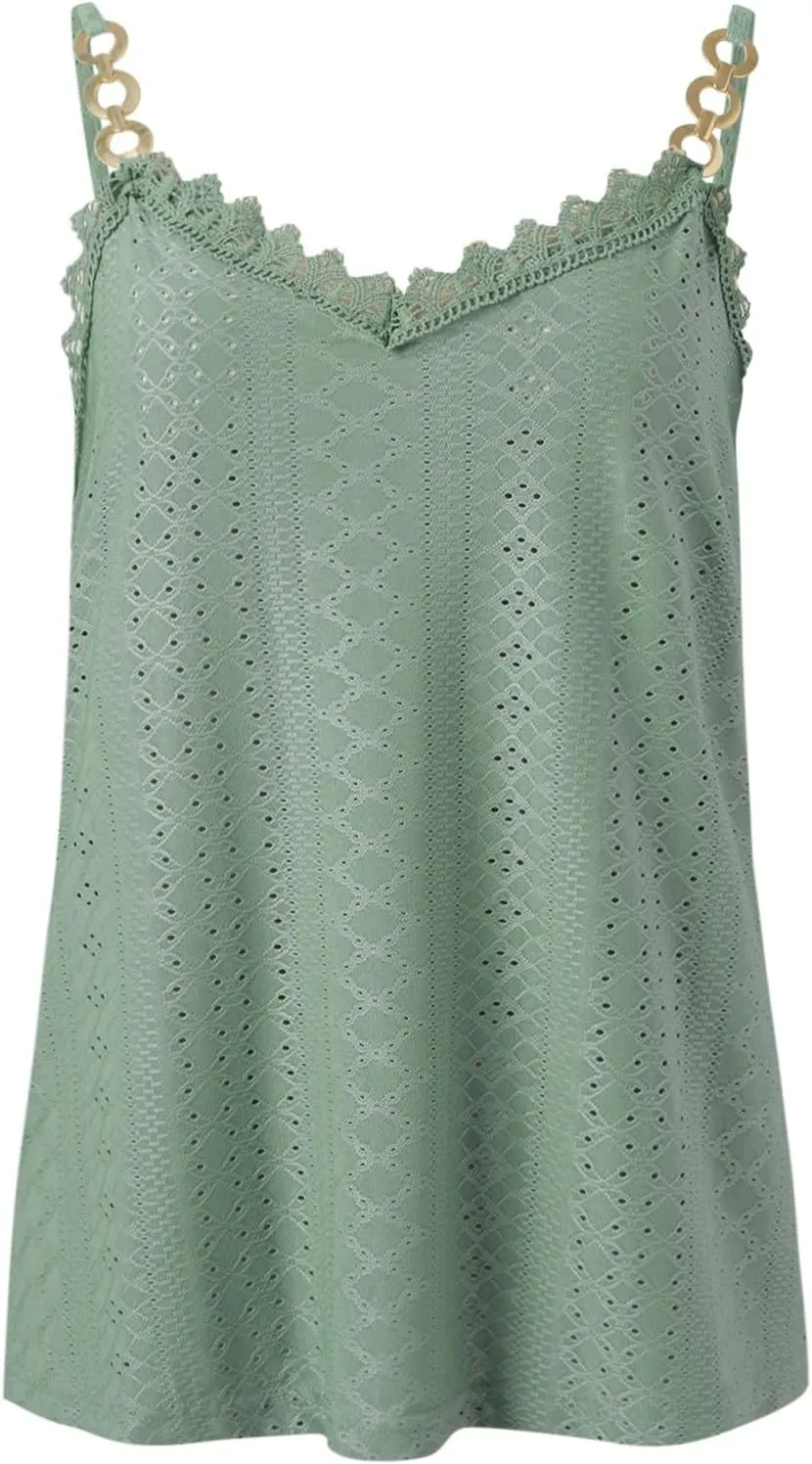 Sexy Lace Trim Tank Tops for Women Summer Chain Spaghetti Strap V Neck Shirts Fashion Hollow Out Sleeveless Camisole