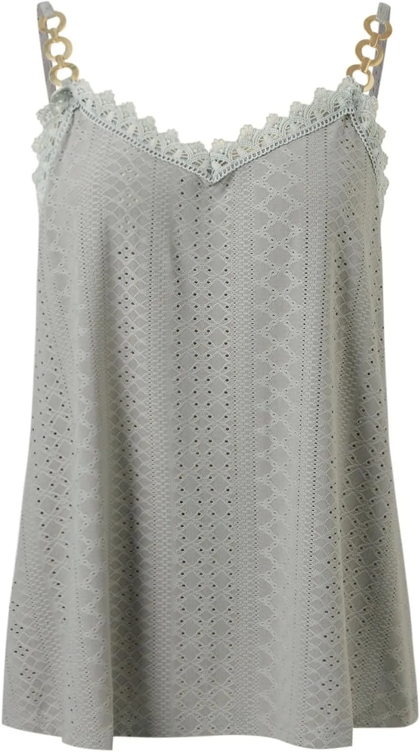 Sexy Lace Trim Tank Tops for Women Summer Chain Spaghetti Strap V Neck Shirts Fashion Hollow Out Sleeveless Camisole