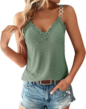 Sexy Lace Trim Tank Tops for Women Summer Chain Spaghetti Strap V Neck Shirts Fashion Hollow Out Sleeveless Camisole