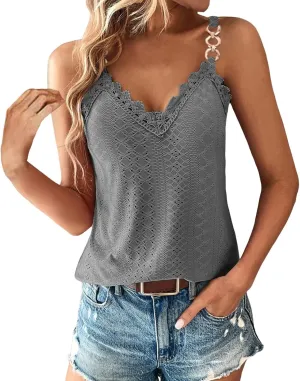 Sexy Lace Trim Tank Tops for Women Summer Chain Spaghetti Strap V Neck Shirts Fashion Hollow Out Sleeveless Camisole