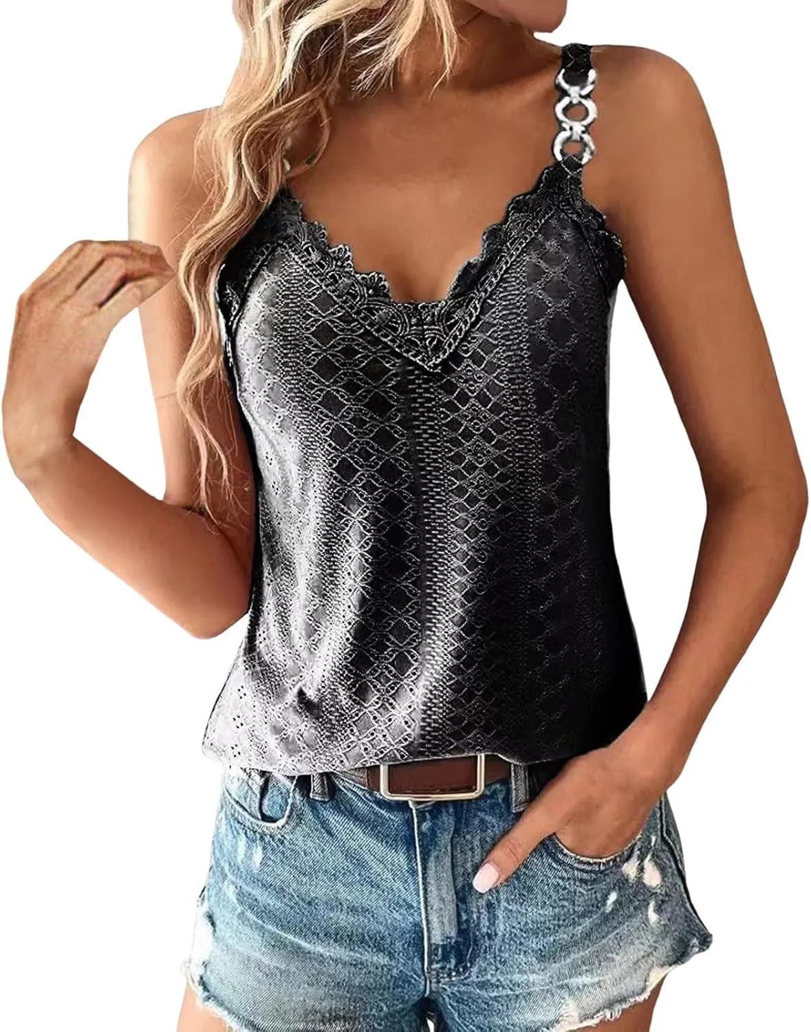 Sexy Lace Trim Tank Tops for Women Summer Chain Spaghetti Strap V Neck Shirts Fashion Hollow Out Sleeveless Camisole