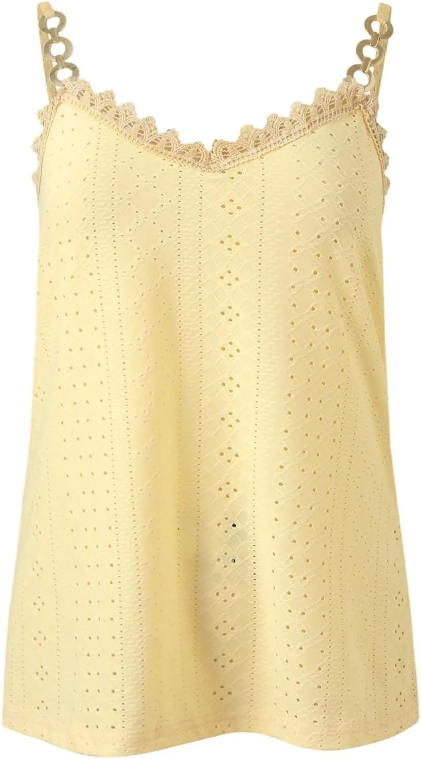 Sexy Lace Trim Tank Tops for Women Summer Chain Spaghetti Strap V Neck Shirts Fashion Hollow Out Sleeveless Camisole