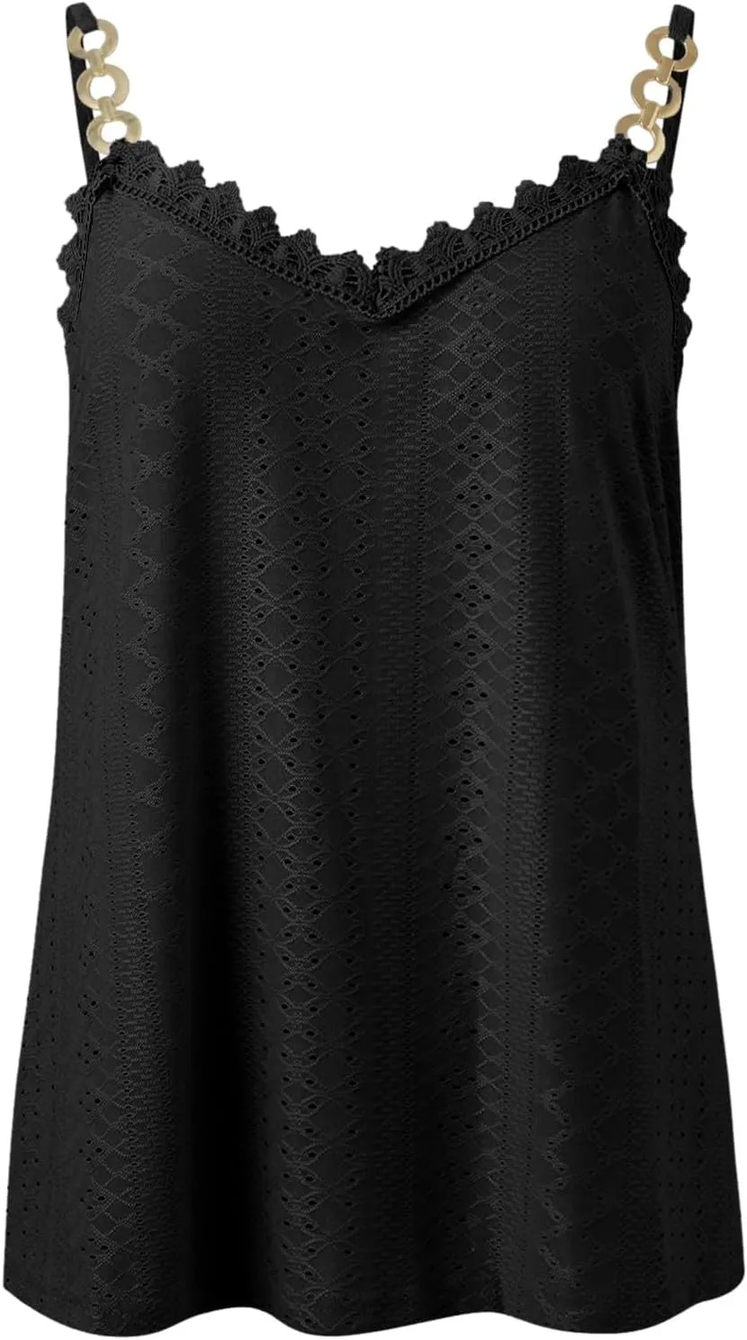 Sexy Lace Trim Tank Tops for Women Summer Chain Spaghetti Strap V Neck Shirts Fashion Hollow Out Sleeveless Camisole