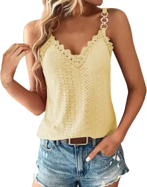 Sexy Lace Trim Tank Tops for Women Summer Chain Spaghetti Strap V Neck Shirts Fashion Hollow Out Sleeveless Camisole