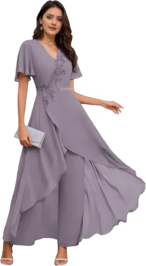 Short Sleeve Mother of The Bride Pant Suits for Wedding Chiffon Mauve Wedding Pantsuits Outfits Formal Dresses for Women 14