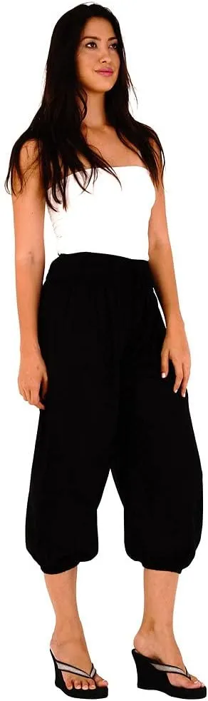 SHU-SHI Womens Boho Harem Capris Pants Trousers Elastic Waist Loose Side Pocket