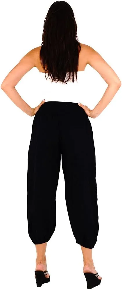 SHU-SHI Womens Boho Harem Capris Pants Trousers Elastic Waist Loose Side Pocket