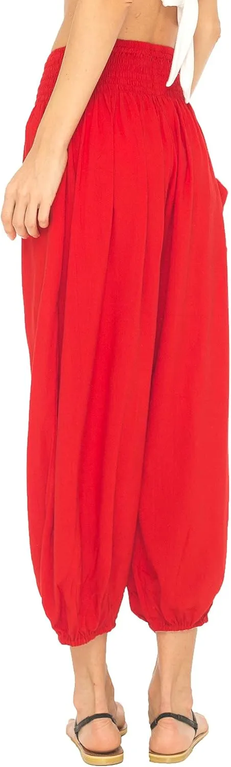 SHU-SHI Womens Boho Harem Capris Pants Trousers Elastic Waist Loose Side Pocket