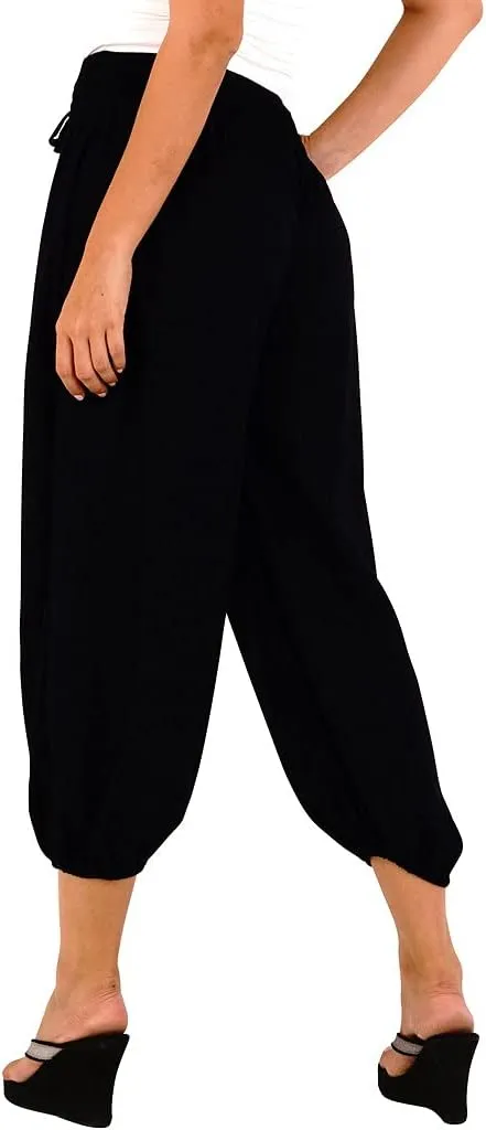 SHU-SHI Womens Boho Harem Capris Pants Trousers Elastic Waist Loose Side Pocket