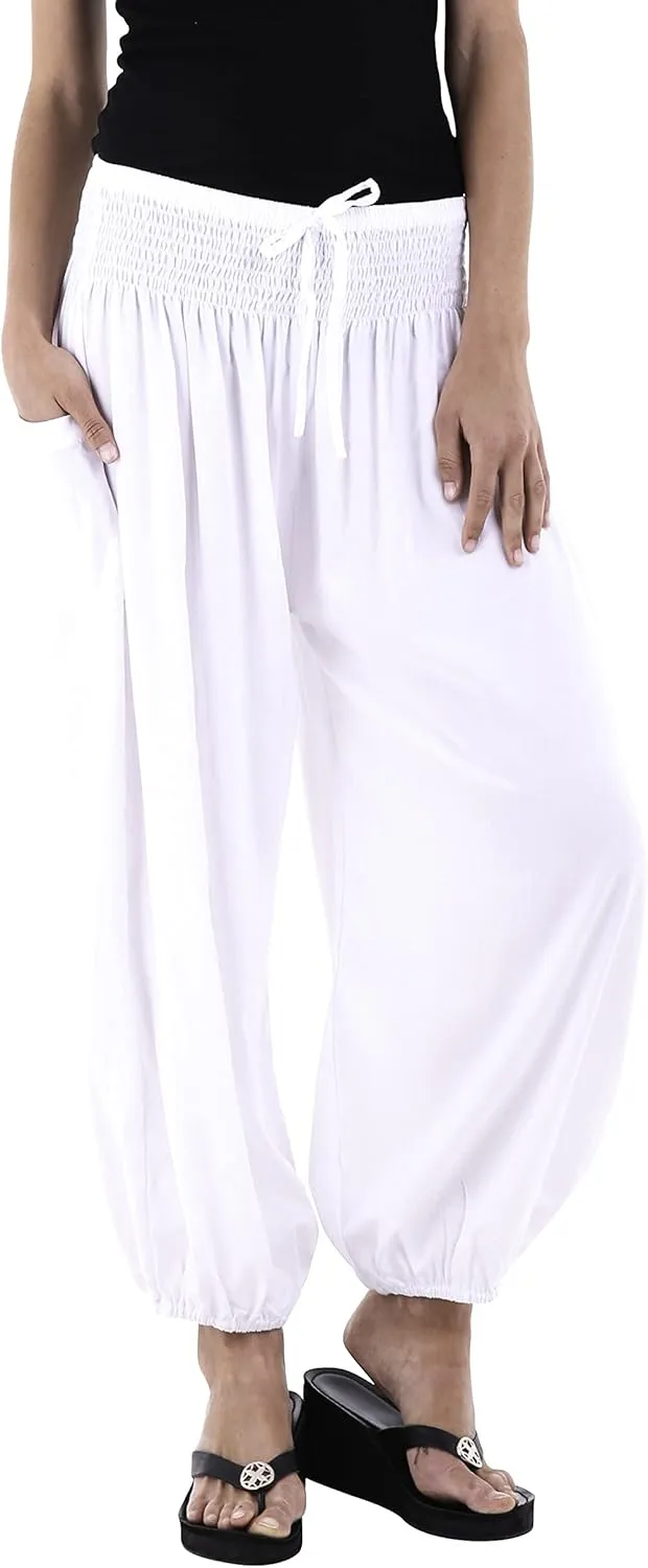 SHU-SHI Womens Boho Harem Capris Pants Trousers Elastic Waist Loose Side Pocket