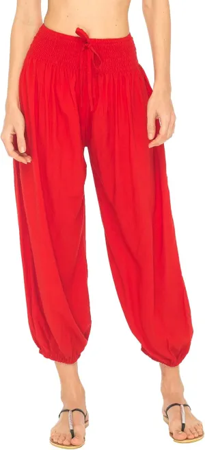 SHU-SHI Womens Boho Harem Capris Pants Trousers Elastic Waist Loose Side Pocket