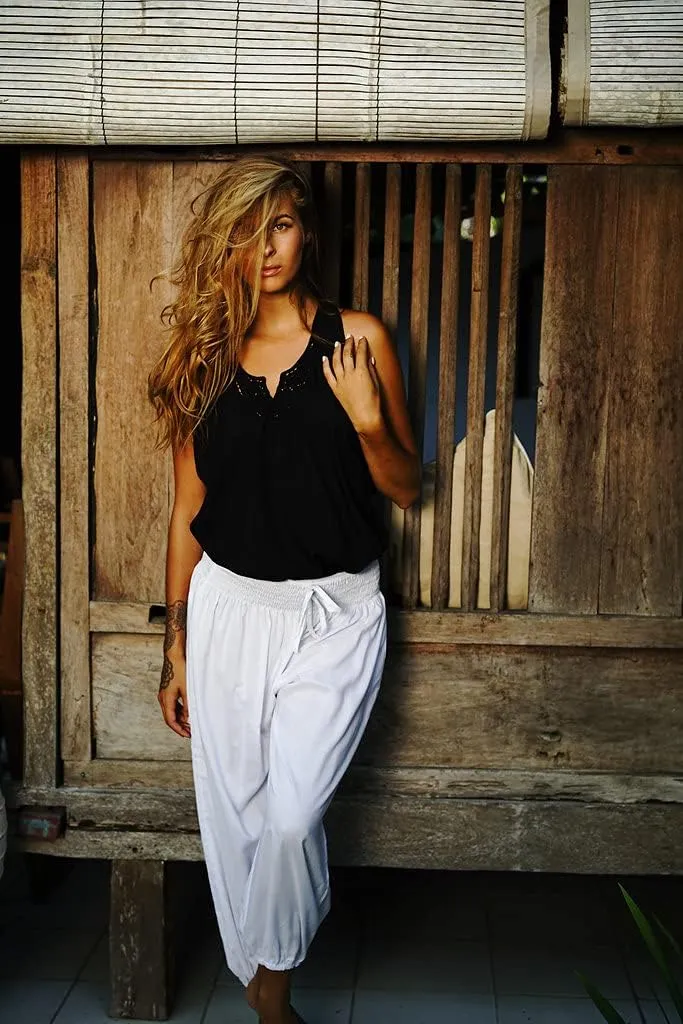 SHU-SHI Womens Boho Harem Capris Pants Trousers Elastic Waist Loose Side Pocket