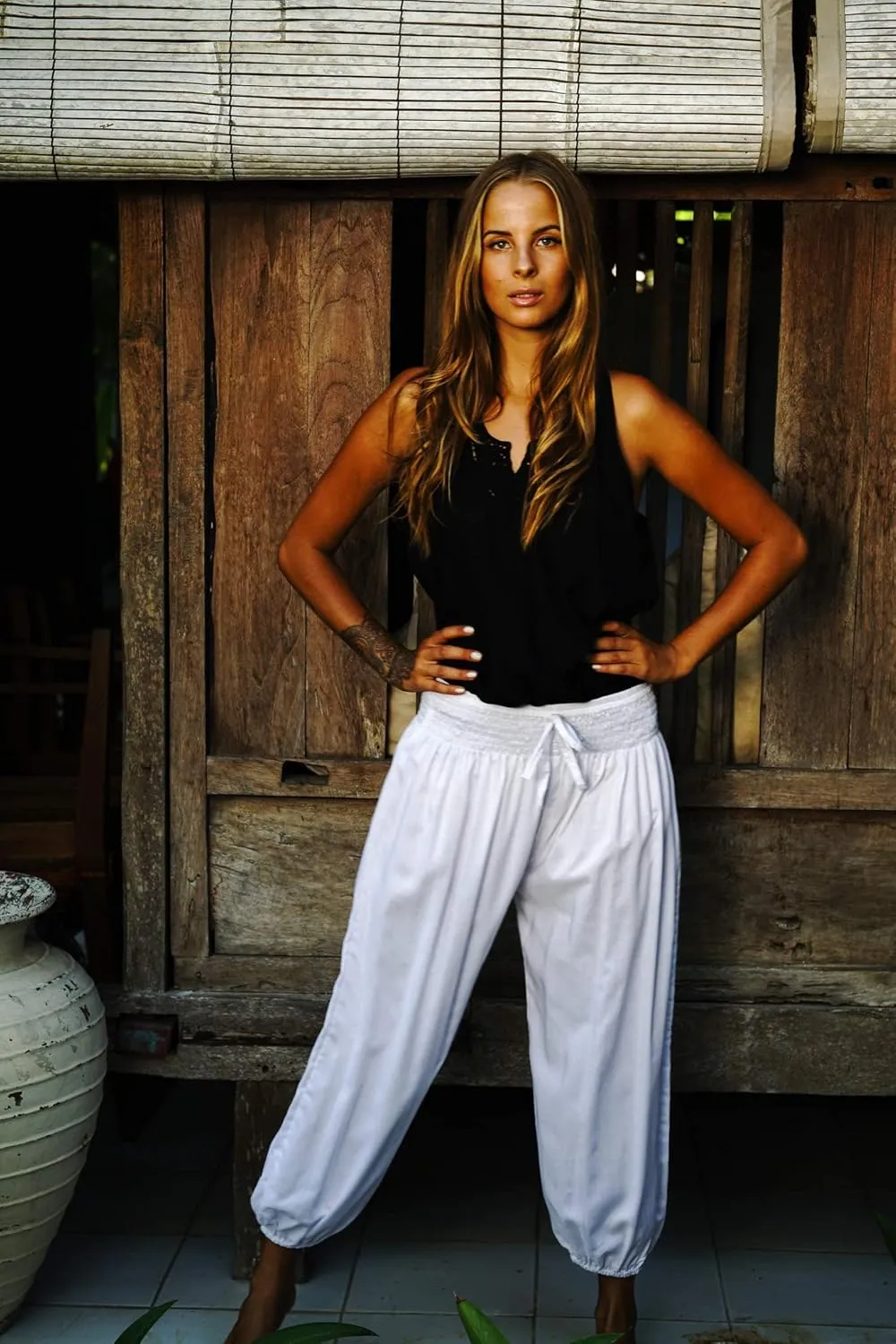 SHU-SHI Womens Boho Harem Capris Pants Trousers Elastic Waist Loose Side Pocket