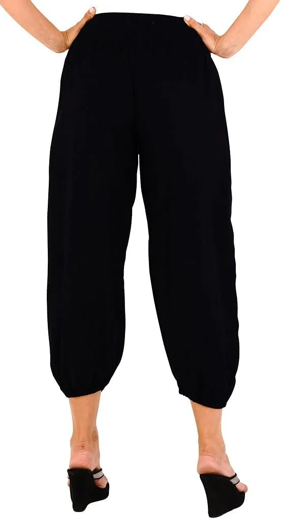 SHU-SHI Womens Boho Harem Capris Pants Trousers Elastic Waist Loose Side Pocket