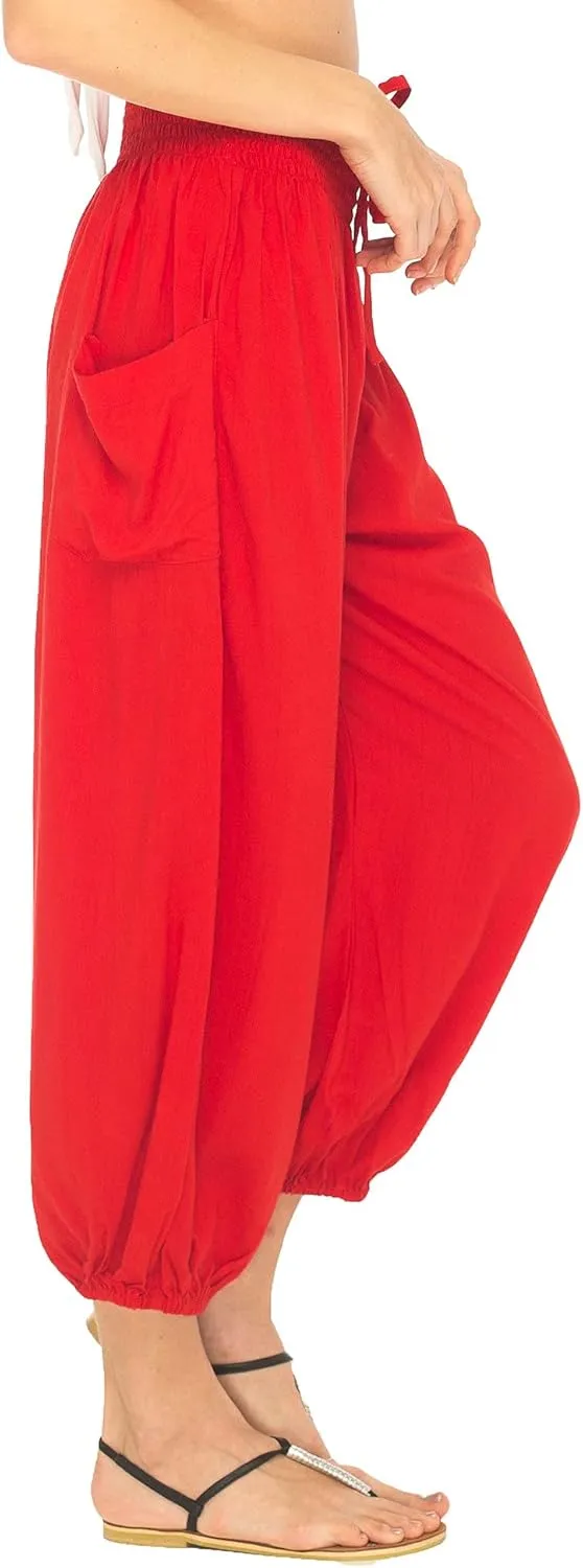SHU-SHI Womens Boho Harem Capris Pants Trousers Elastic Waist Loose Side Pocket