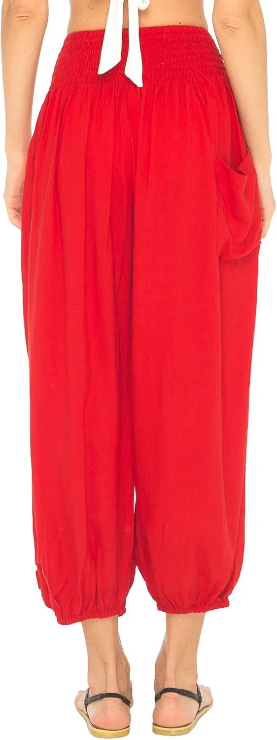 SHU-SHI Womens Boho Harem Capris Pants Trousers Elastic Waist Loose Side Pocket