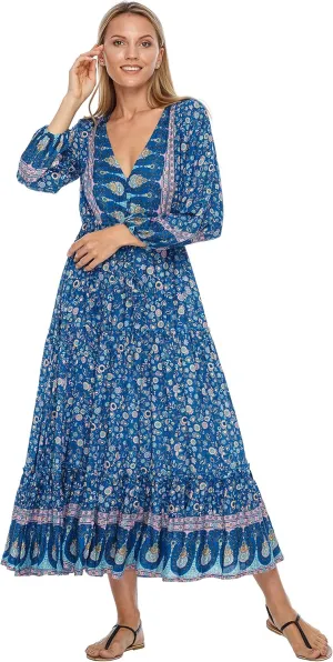 SHU-SHI Womens Floral Bohemian Sundress Casual Summer Dress Long Sleeve Button Up