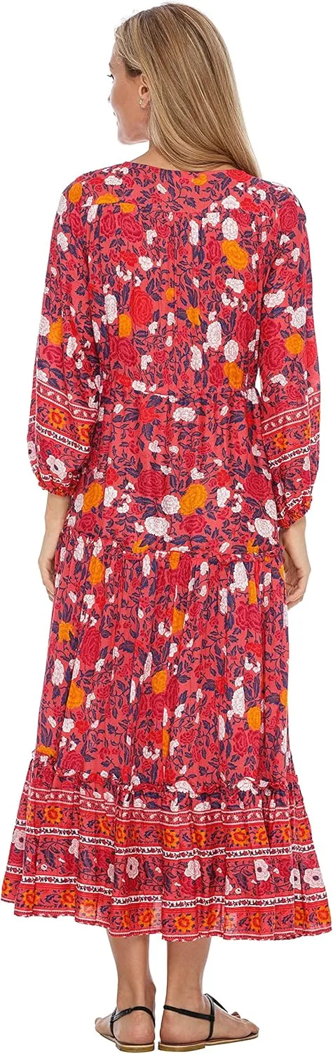 SHU-SHI Womens Floral Bohemian Sundress Casual Summer Dress Long Sleeve Button Up