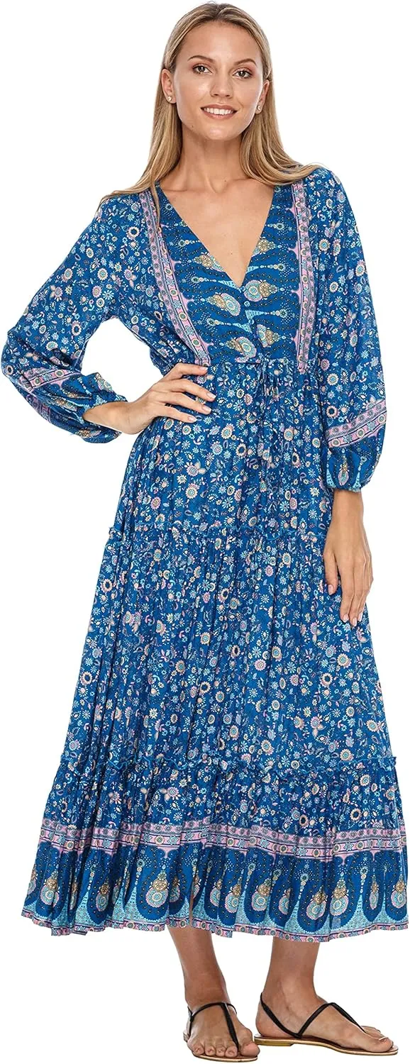 SHU-SHI Womens Floral Bohemian Sundress Casual Summer Dress Long Sleeve Button Up