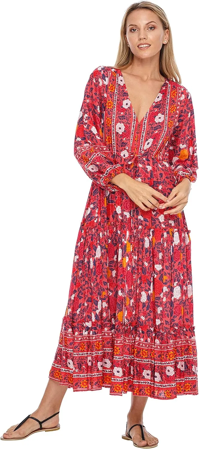SHU-SHI Womens Floral Bohemian Sundress Casual Summer Dress Long Sleeve Button Up