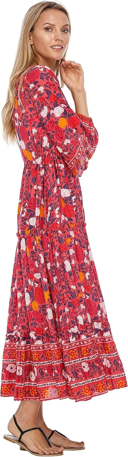 SHU-SHI Womens Floral Bohemian Sundress Casual Summer Dress Long Sleeve Button Up