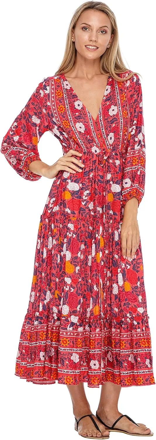 SHU-SHI Womens Floral Bohemian Sundress Casual Summer Dress Long Sleeve Button Up
