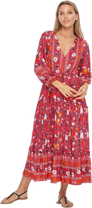 SHU-SHI Womens Floral Bohemian Sundress Casual Summer Dress Long Sleeve Button Up