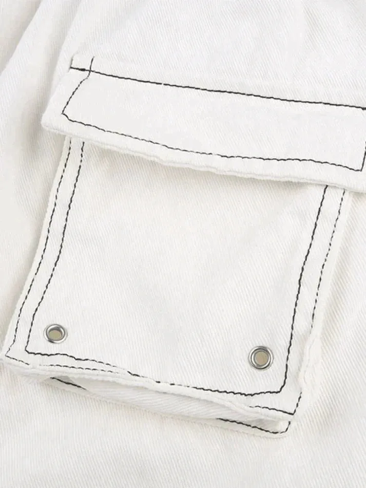 Side Striped White Baggy Cargo Jeans