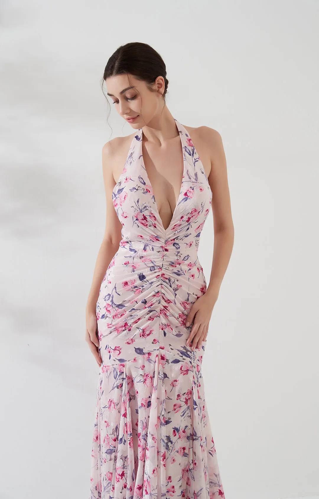 Sleeveless Deep V-Neck Halter Backless Jacquard Mermaid Dress