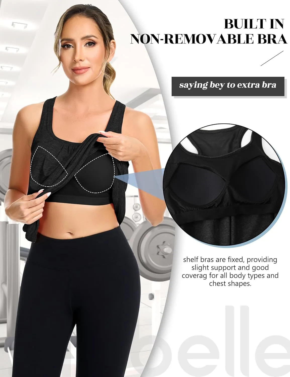 SLIMBELLE Mesh Racer Back Tank Tops Womens Gym Yoga Athletic Workout Tops Round Neck Sleeveless Cami with Built in Bra