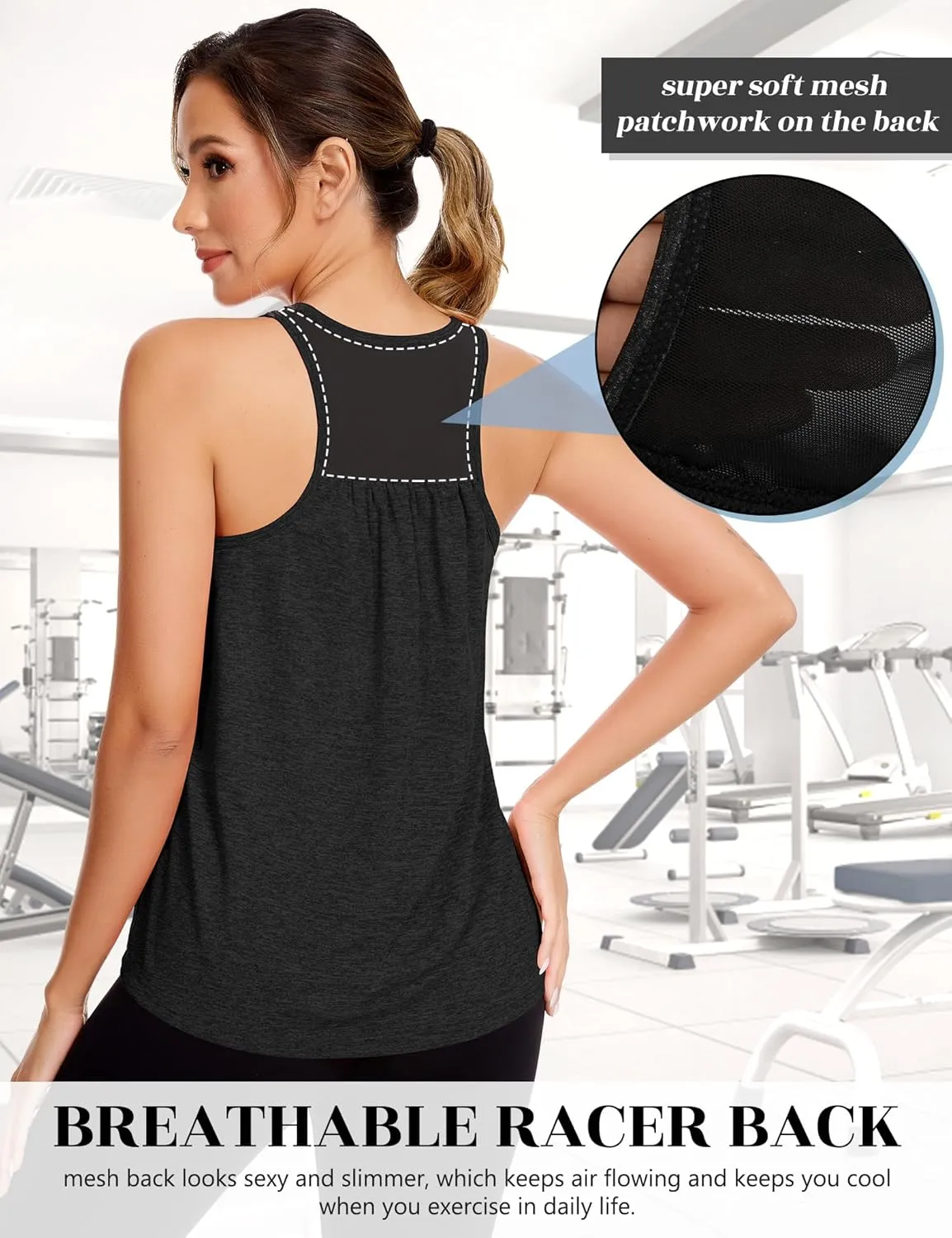 SLIMBELLE Mesh Racer Back Tank Tops Womens Gym Yoga Athletic Workout Tops Round Neck Sleeveless Cami with Built in Bra
