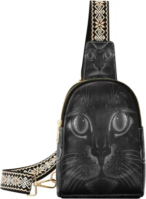 Small Sling Bag Waist Packs Leather Crossbody Packs Chest Bag Black Cat for Women Travel Belt Purse