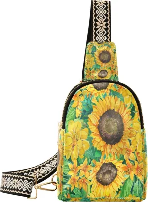Small Sling Bag Waist Packs Leather Crossbody Packs Chest Bag Blooming Sunflowers for Women Travel Belt Purse