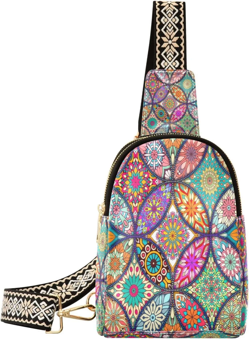 Small Sling Bag Waist Packs Leather Crossbody Packs Chest Bag Bohemia Colorful Pattern for Women Travel Belt Purse