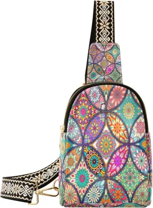 Small Sling Bag Waist Packs Leather Crossbody Packs Chest Bag Bohemia Colorful Pattern for Women Travel Belt Purse