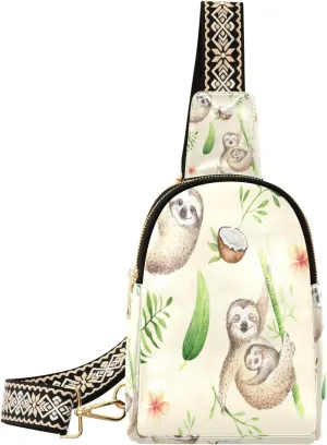 Small Sling Bag Waist Packs Leather Crossbody Packs Chest Bag Coconut Brown Sloth for Women Travel Belt Purse