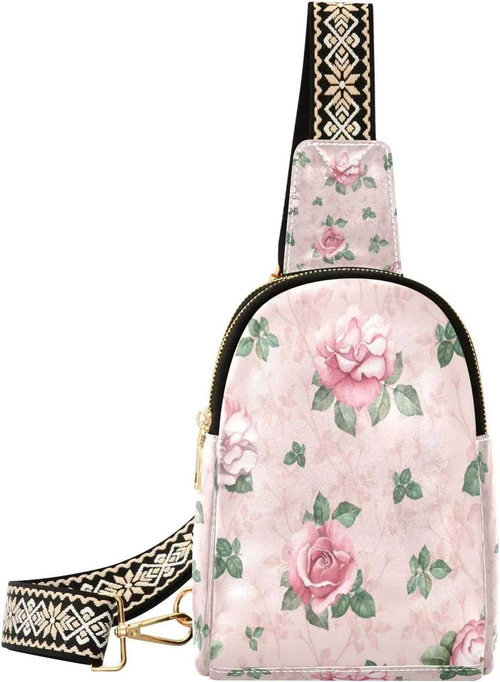 Small Sling Bag Waist Packs Leather Crossbody Packs Chest Bag Floral Roses for Women Travel Belt Purse