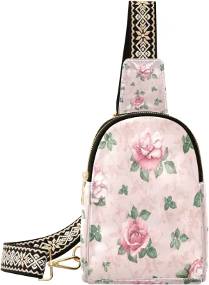Small Sling Bag Waist Packs Leather Crossbody Packs Chest Bag Floral Roses for Women Travel Belt Purse