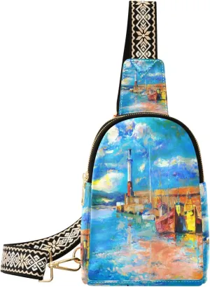 Small Sling Bag Waist Packs Leather Crossbody Packs Chest Bag Lighthouse and Boats for Women Travel Belt Purse