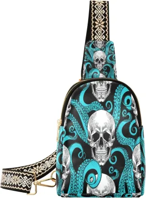 Small Sling Bag Waist Packs Leather Crossbody Packs Chest Bag Octopus Skull for Women Travel Belt Purse