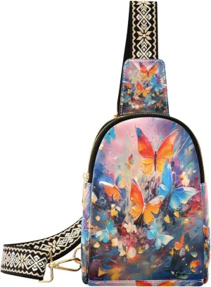 Small Sling Bag Waist Packs Leather Crossbody Packs Chest Bag Orange Blue Butterfly for Women Travel Belt Purse