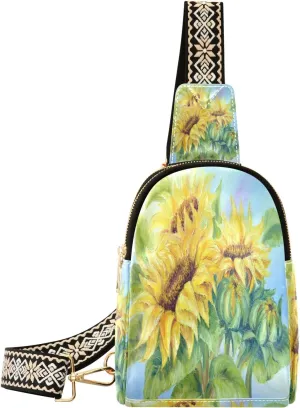 Small Sling Bag Waist Packs Leather Crossbody Packs Chest Bag Painting Sunflower for Women Travel Belt Purse