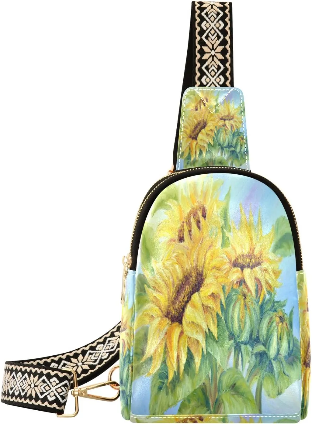 Small Sling Bag Waist Packs Leather Crossbody Packs Chest Bag Painting Sunflower for Women Travel Belt Purse