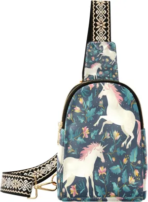 Small Sling Bag Waist Packs Leather Crossbody Packs Chest Bag Pink Hair Unicorn for Women Travel Belt Purse