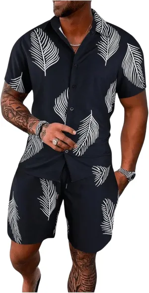 SOLY HUX Men's 2 Piece Outfits Tropical Print Short Sleeve Button Down Hawaiian Shirt and Shorts Set