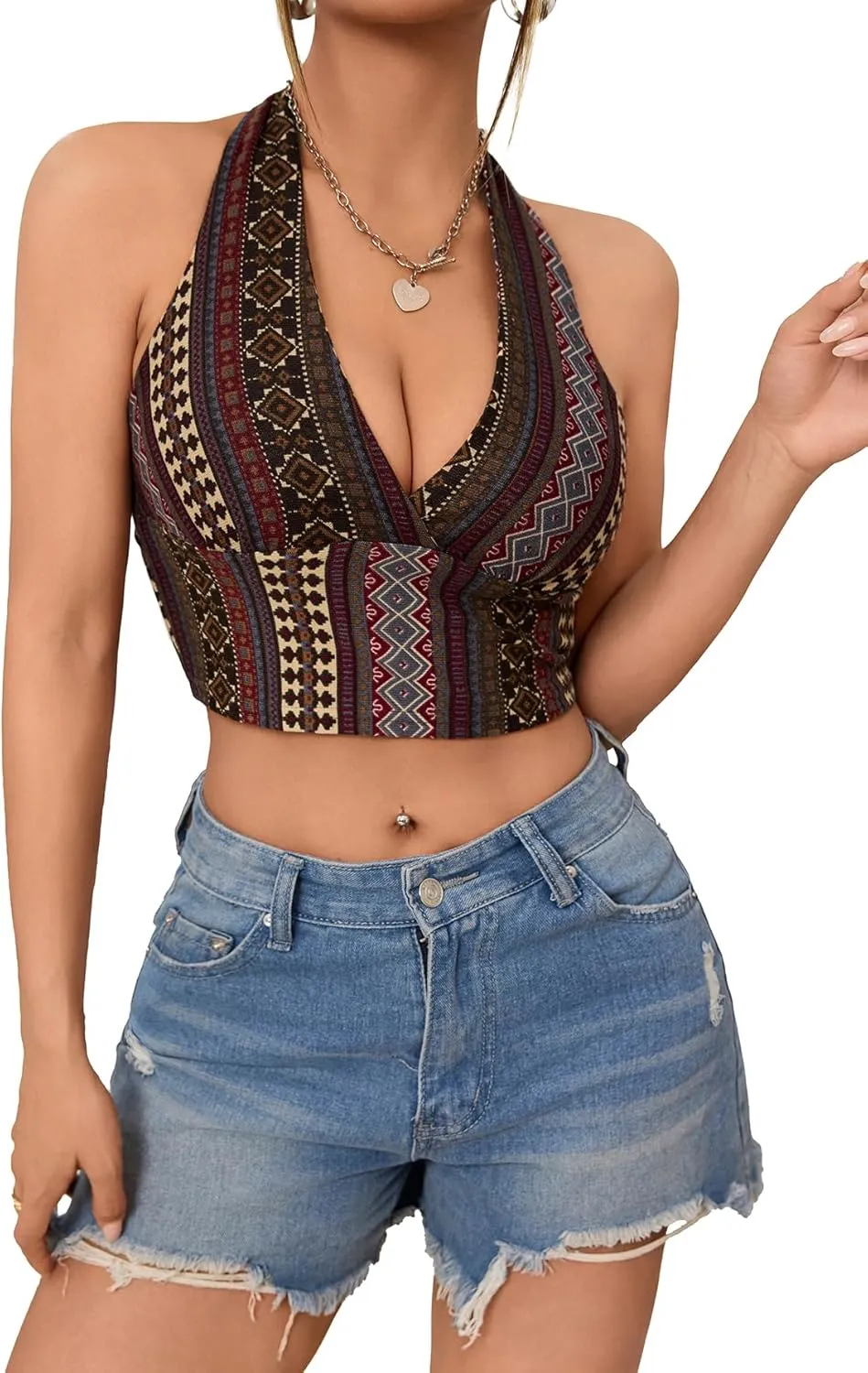 SOLY HUX Women's Boho Summer Halter Crop Tops Sleeveless Backless Tank Top Casual Sexy Going Out Tops