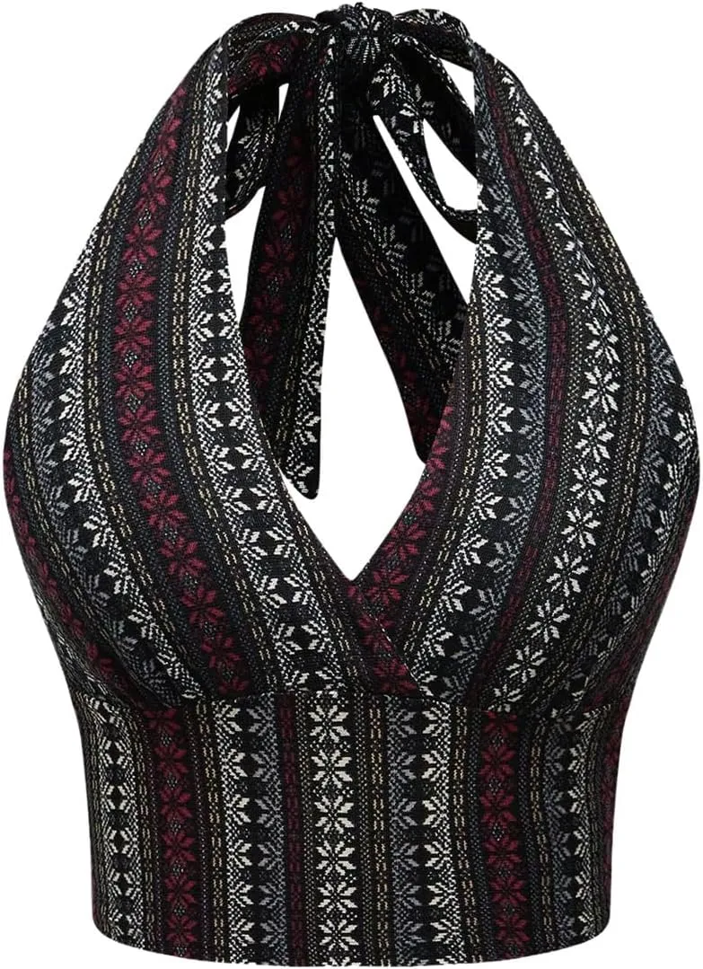 SOLY HUX Women's Boho Summer Halter Crop Tops Sleeveless Backless Tank Top Casual Sexy Going Out Tops