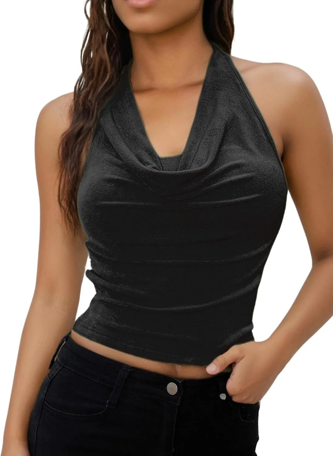 SOLY HUX Women's Halter Tops Draped Front Sleeveless Backless Y2K Crop Sexy Cami Tops Going Out Summer Outfits