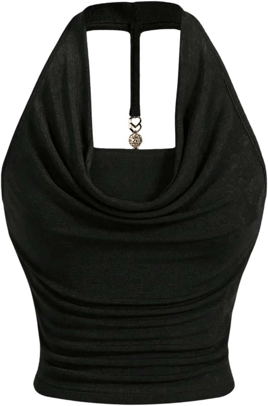 SOLY HUX Women's Halter Tops Draped Front Sleeveless Backless Y2K Crop Sexy Cami Tops Going Out Summer Outfits